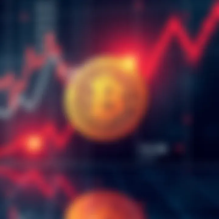 An illustration showing a downward trend in Bitcoin's price with a digital coin image and negative financial indicators.