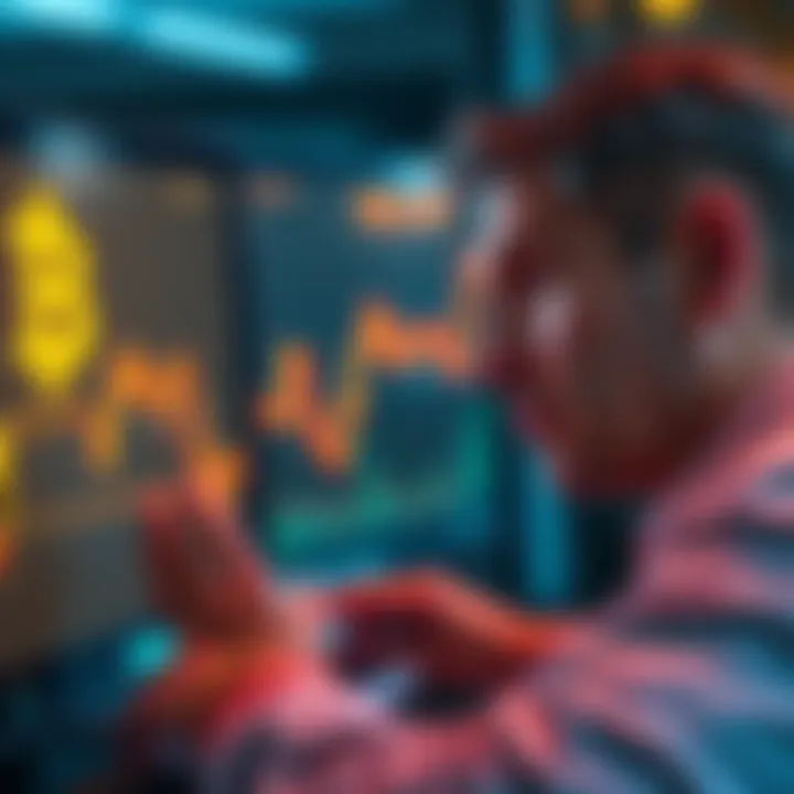 Bitcoin Price Decline Graph showing Bitcoin price dropping, with a line indicating more holders at a loss than profit, and a worried investor looking at a computer screen.