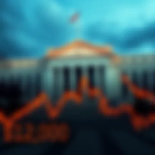 Graph showing Bitcoin price dropping below $112,000 with a downward trend line and Federal Reserve symbol in the background