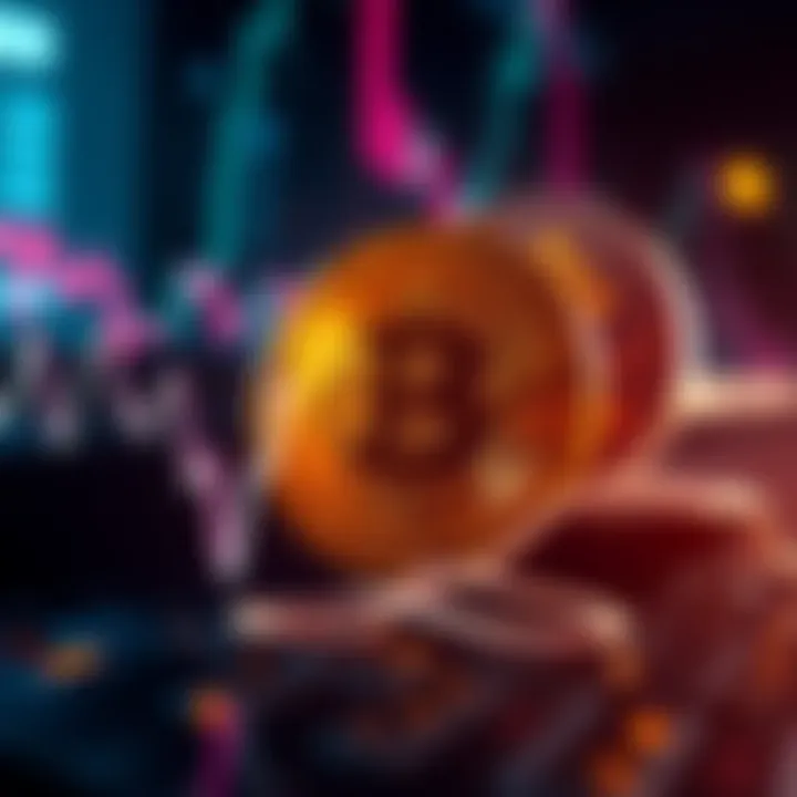 A graphic showing Bitcoin's price drop with a downward trend line and a Bitcoin symbol in the background