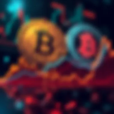 A graph showing Bitcoin's price dropping sharply over time with a digital coin icon in the background.