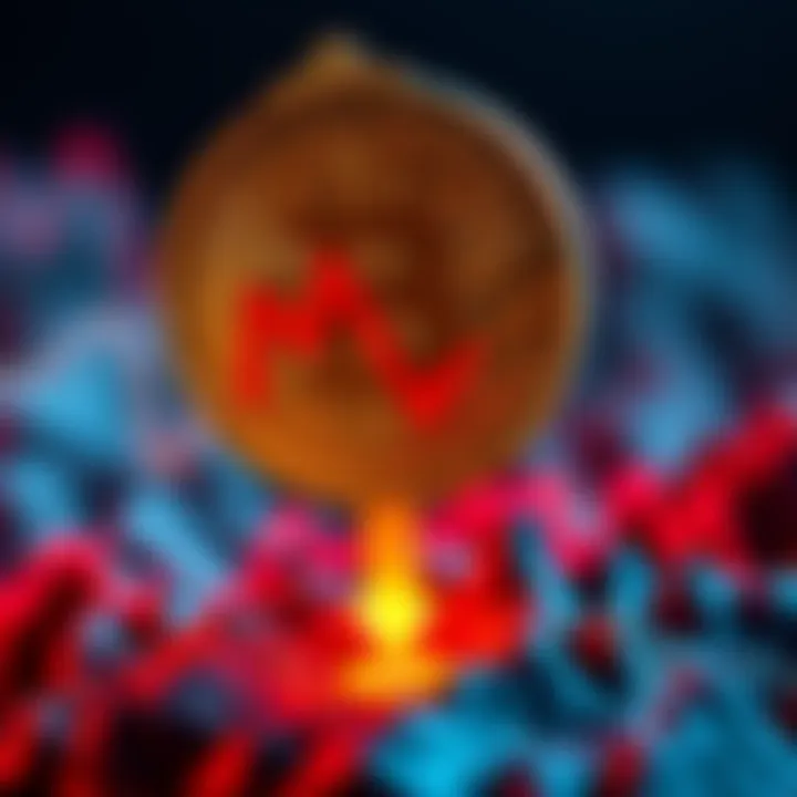 Bitcoin symbol with an arrow pointing down, representing price drops during market struggles.