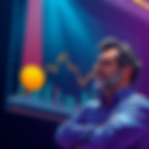 A chart showing a downward trend in Bitcoin prices alongside a calm investor looking at it with confidence.