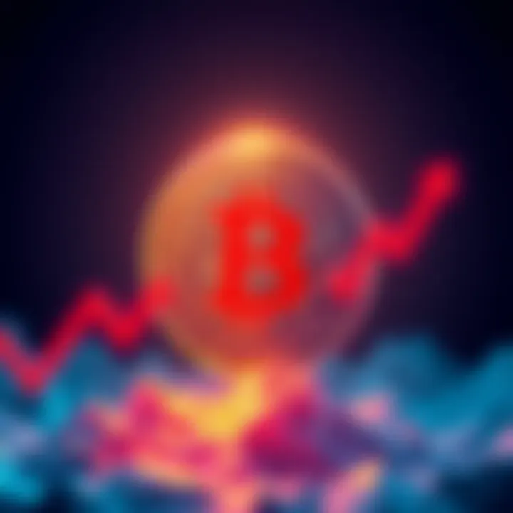 A digital illustration showing a downward trend in Bitcoin's value with a representation of the cryptocurrency symbol in red, indicating its fall below $70,000.