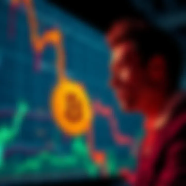 A graph showing a steep decline in Bitcoin's value with a worried investor looking at the screen.