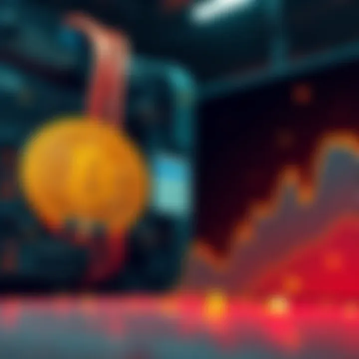 A graphic showing a declining Bitcoin symbol alongside mining equipment and a graph with a downward trend, illustrating potential risks to Bitcoin's value.