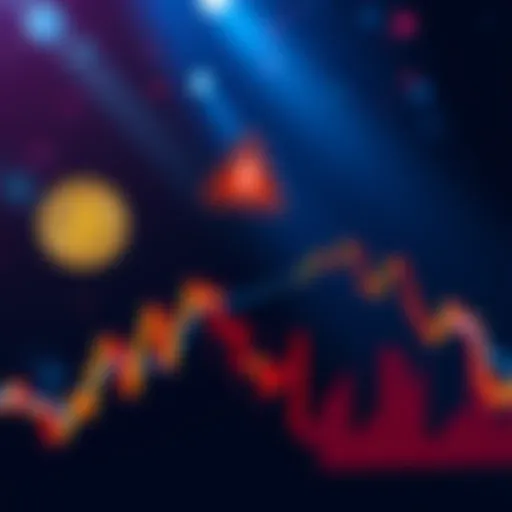 Graph showing declining Bitcoin prices in a downward trend with a warning sign