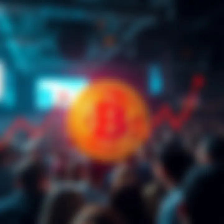 Graph showing Bitcoin's significant price drop with a calm crowd in the background