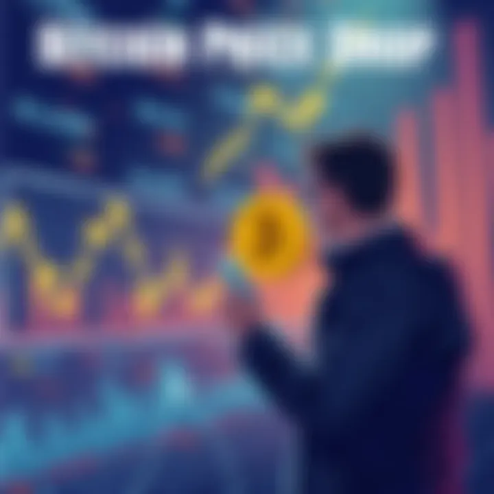 An illustration showing a downward trend in Bitcoin prices, with worried investors looking at charts.