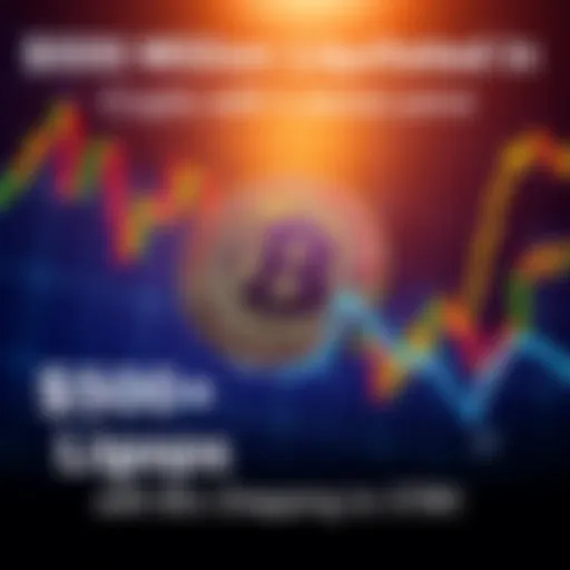 Bitcoin logo with a downward trend line and a background of falling financial charts