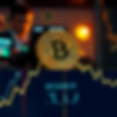 Graph showing a downward trend in Bitcoin prices with a background of distressed investors