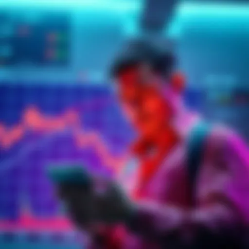 A graph showing the decline of Bitcoin's price with a worried investor looking at their phone