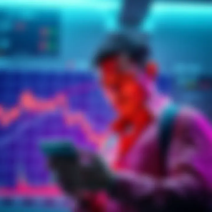 A graph showing the decline of Bitcoin's price with a worried investor looking at their phone