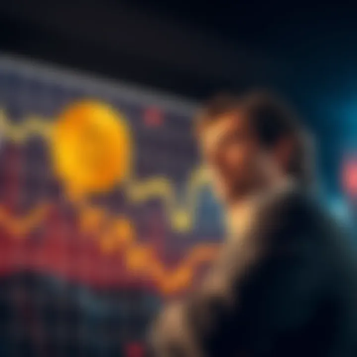 A graph showing Bitcoin prices declining with a worried investor looking on.