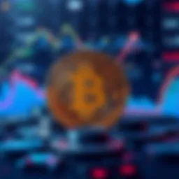 Bitcoin graphic showing a decline in value with an upward trend in stocks and AI investments behind it.