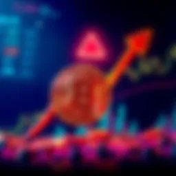 A digital representation of Bitcoin with a downward arrow indicating a price drop, set against a graph showing fluctuating values.