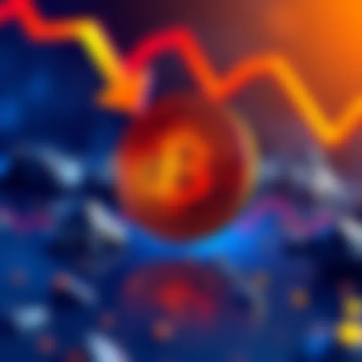Graphic showing Bitcoin coin with a downward arrow and a warning sign about price dropping below $10,000