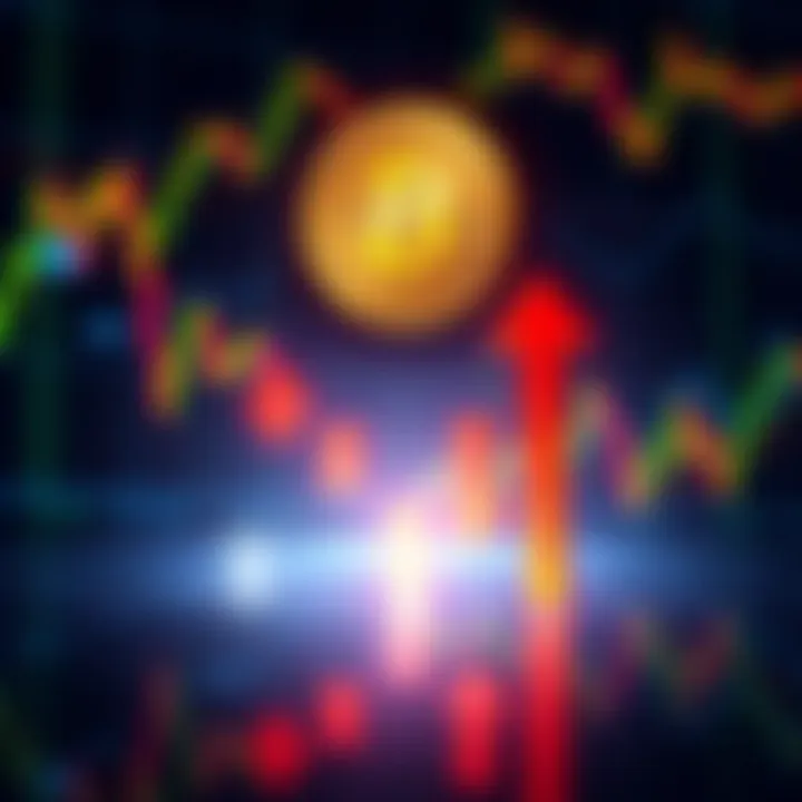 Bitcoin price drop A graphic illustrating Bitcoin's falling price trend with downward arrows and a background of financial charts