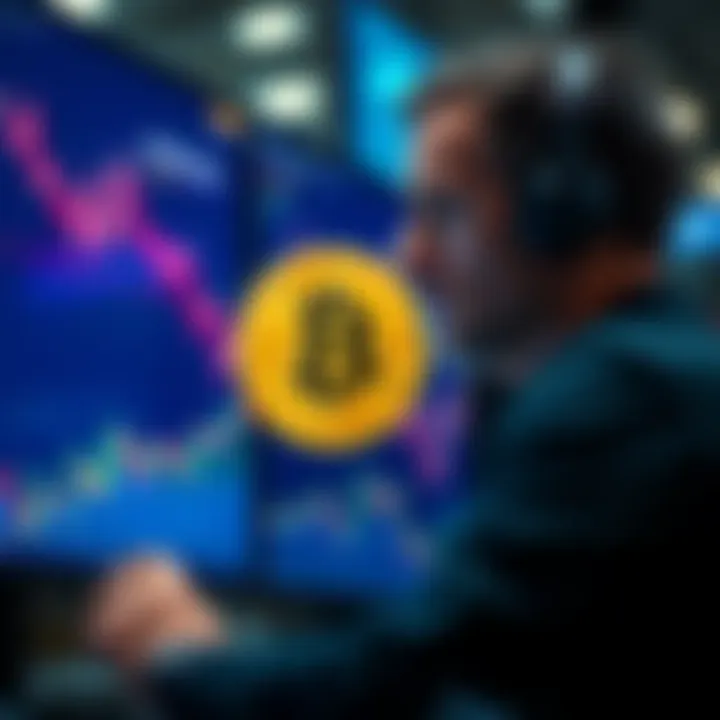 Graph showing a significant decline in Bitcoin prices with a worried trader looking at the screen.