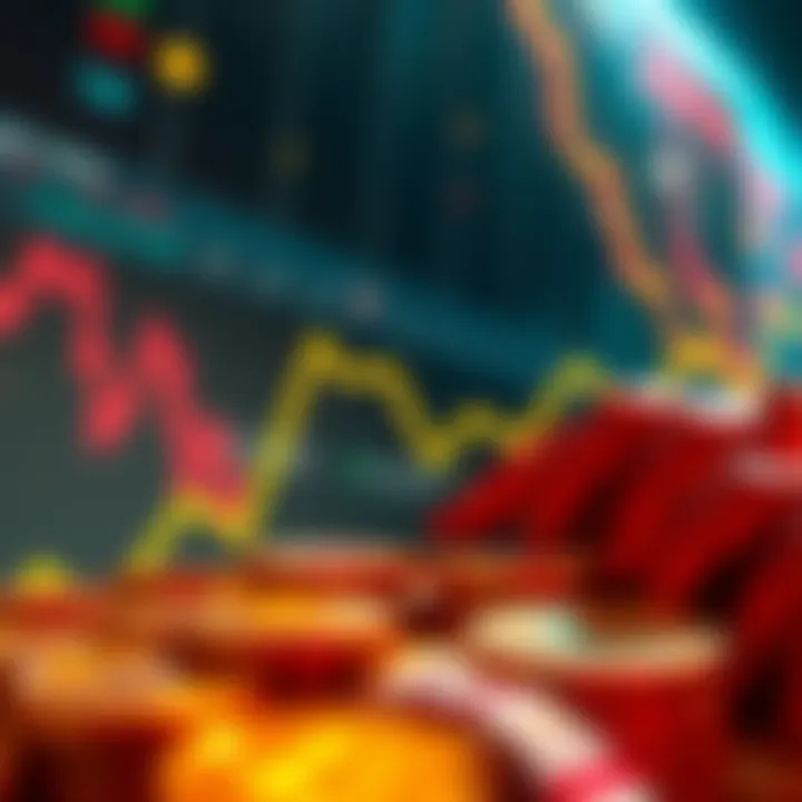 A graphic showing a downward trend in Bitcoin's price with currency symbols and a bear market theme