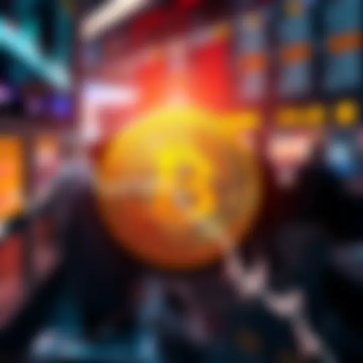 Bitcoin price drop A graph showing a decline in Bitcoin prices despite increasing buying interest with a blurred background of people trading on a centralized exchange.