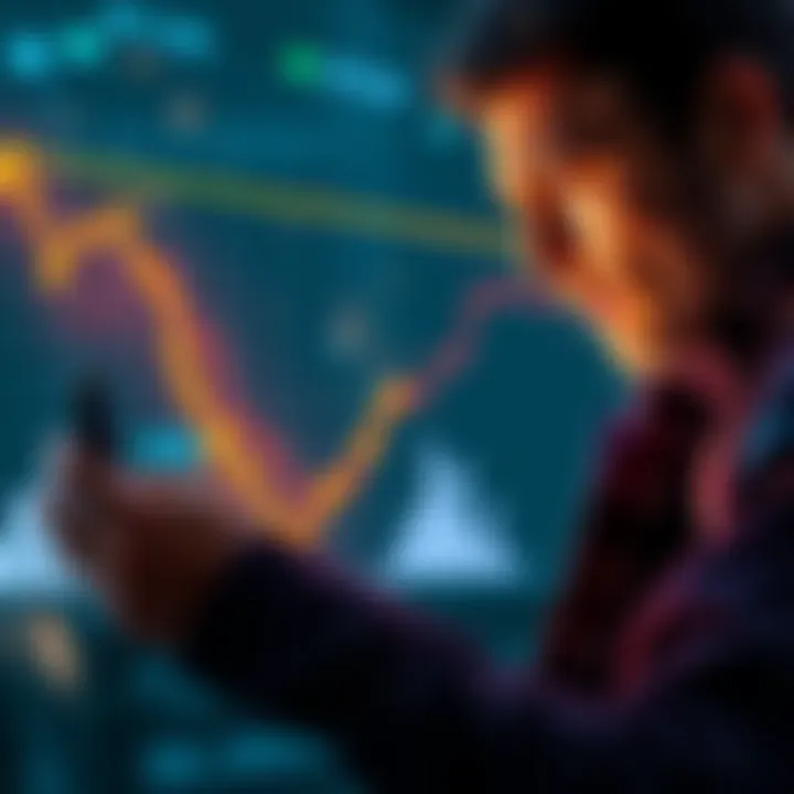 A graph showing a significant decline in Bitcoin's value, with a worried person looking at it on a smartphone.