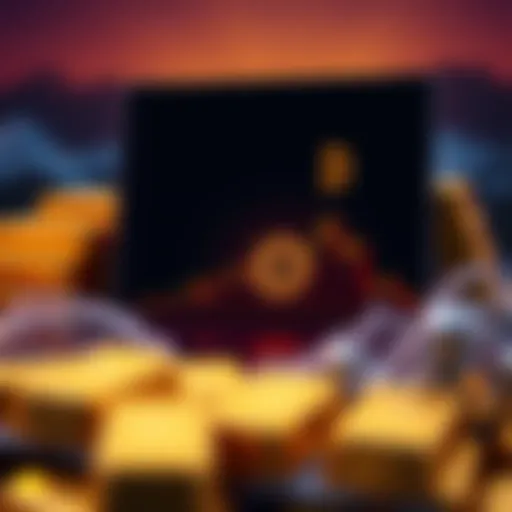 Bitcoin price drop chart A chart showing Bitcoin's price dropping sharply amid new tariffs, with a background of gold bars rising in value.