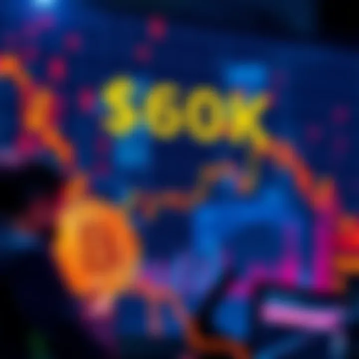 A graphic showing Bitcoin's price chart falling below 60,000, with traders looking concerned and optimistic at the same time.