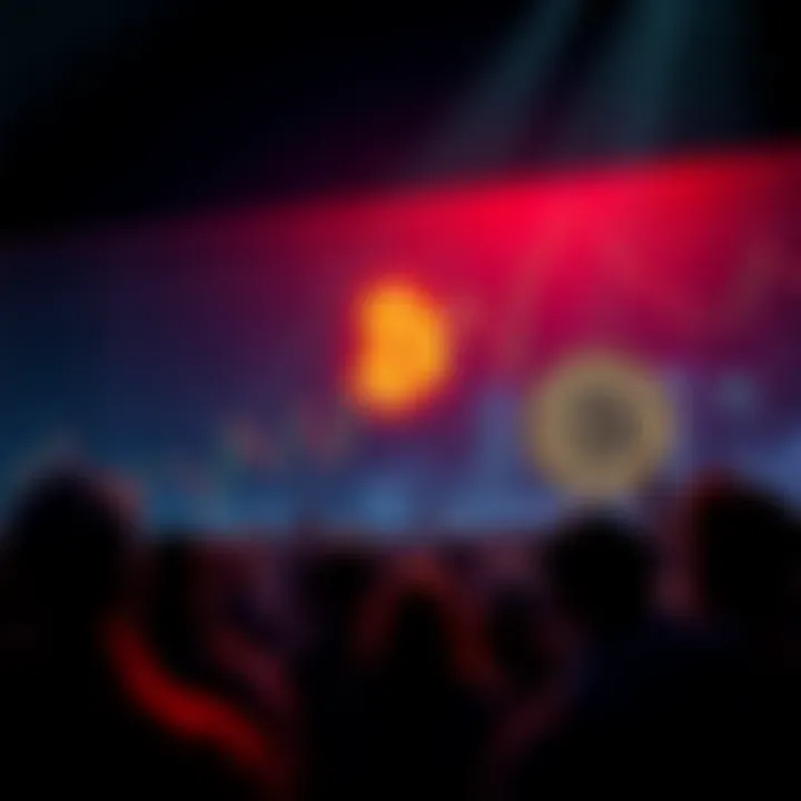 A chart showing Bitcoin's price dropping below 100k with a concerned crowd watching.