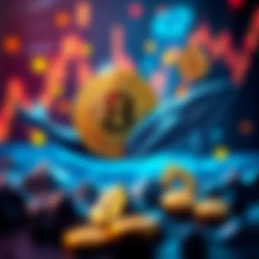 A graphic showing a downward trend in Bitcoin's value alongside whale symbols representing large investors buying Bitcoin