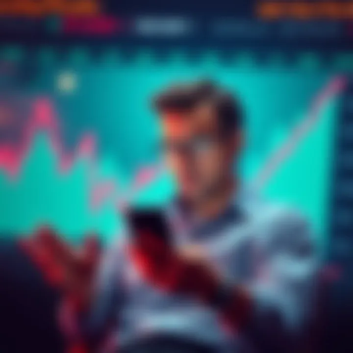 A chart showing a decline in Bitcoin prices with a worried investor looking at a phone