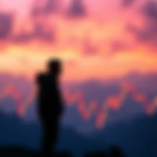 A graph showing a downward trend in Bitcoin prices with a calm figure contemplating the market fluctuations in the background.