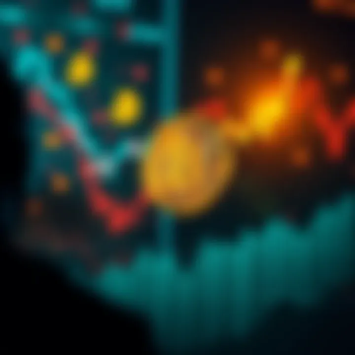 Graph showing a downward trend in Bitcoin's value, with financial symbols and worried investors in the background