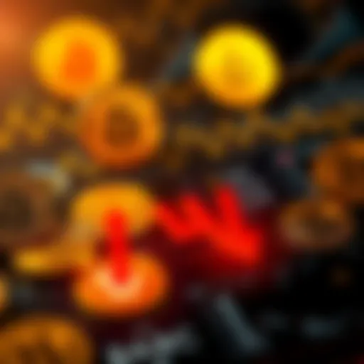 A visual of Bitcoin logos with downward arrows indicating a potential price drop in October, representing market concerns from Brian Armstrong's statement.