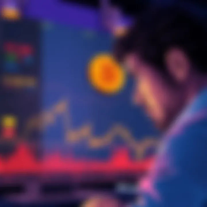 A graph showing a sharp decline in Bitcoin prices over a timeline, with a worried investor looking at the screen.