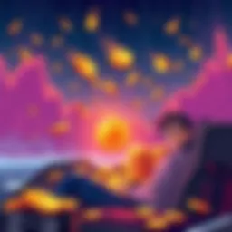 A graphic showing a downward trend in Bitcoin prices with falling coins and a worried investor looking at their phone.