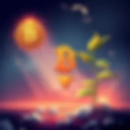 Bitcoin Price Drop Illustration Illustration showing Bitcoin symbol with a downward arrow, indicating a 50% drop in value, alongside a growing plant symbolizing potential investment growth.