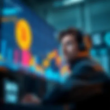 A downward trend graph depicting falling Bitcoin prices impacting stock value, with a worried investor looking at the screen.