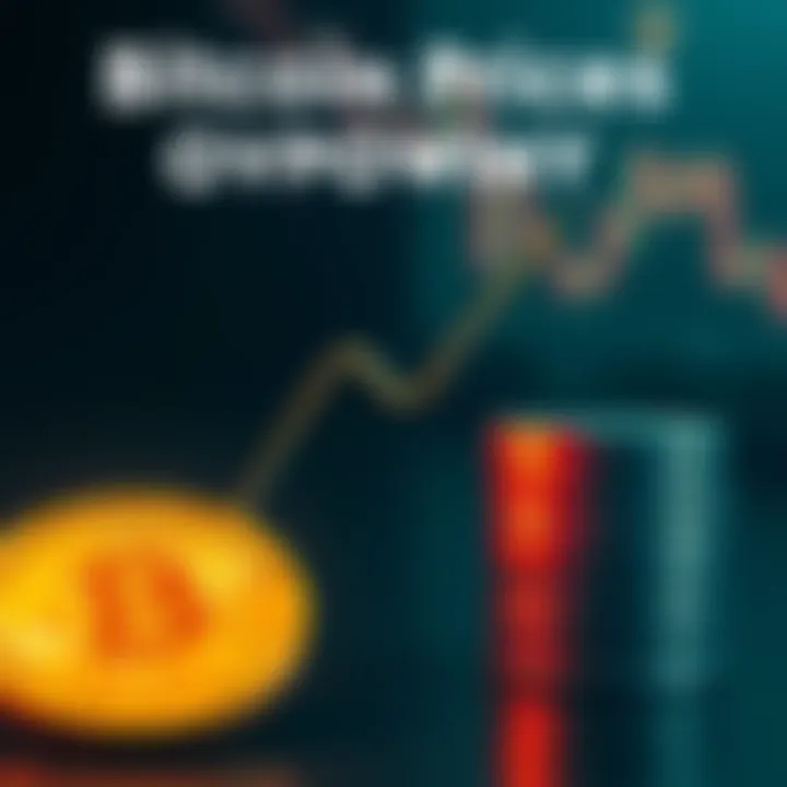 A graphic showing a downward trend in Bitcoin's price with an upward arrow suggesting potential future gains, alongside a coin stack.