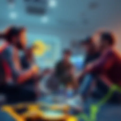 A group of cryptocurrency enthusiasts discussing Bitcoin's potential drop to $40k in a casual setting