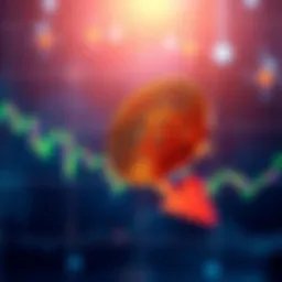 A digital representation of a Bitcoin chart showing a decline towards the $20,000 mark with a downward arrow.