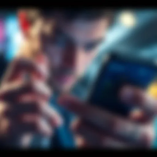 A close-up of a person looking at a Bitcoin chart on their phone, showing a downward trend. They appear thoughtful and hesitant about making a purchase.