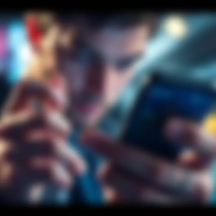 A close-up of a person looking at a Bitcoin chart on their phone, showing a downward trend. They appear thoughtful and hesitant about making a purchase.