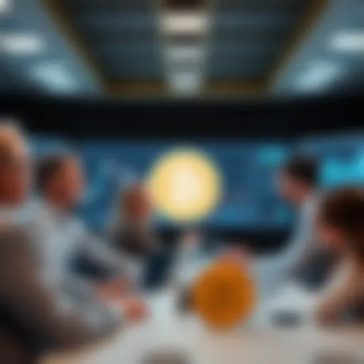 Financial experts discuss Bitcoin's future value predictions in a meeting, with charts and graphs displayed on the wall.