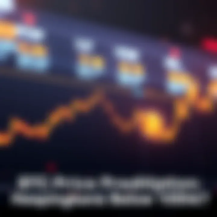 Bitcoin price drop prediction Graph showing Bitcoin price trending downwards with a warning symbol