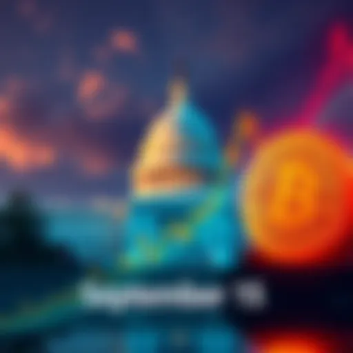 A graph showing Bitcoin's price increasing, with a focus on the date of September 15 and a backdrop of the US Capitol building symbolizing the Senate vote.