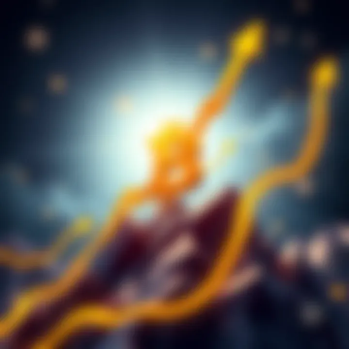 A graphic showing a Bitcoin symbol soaring upwards with arrows indicating a dramatic price increase, representing Peter Dunworth's theory of Bitcoin reaching billions per coin.