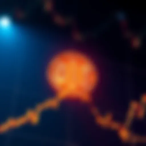 A graph showing the rising price of Bitcoin with an upward trend and a digital currency symbol
