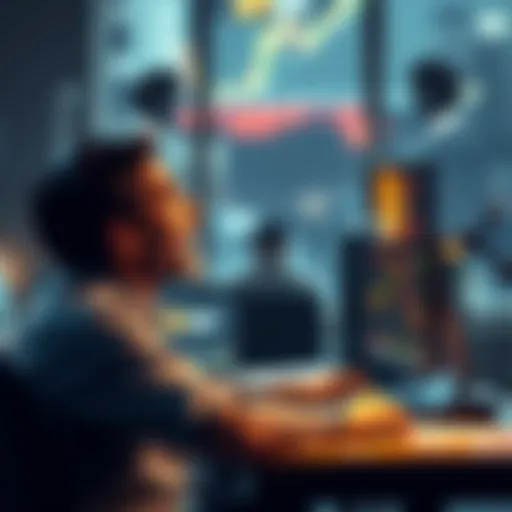 A person at a desk looking excitedly at a computer screen showing a rising Bitcoin chart while working a low-wage job