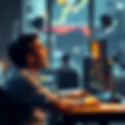 Bitcoin Price Rise at Work A person at a desk looking excitedly at a computer screen showing a rising Bitcoin chart while working a low-wage job